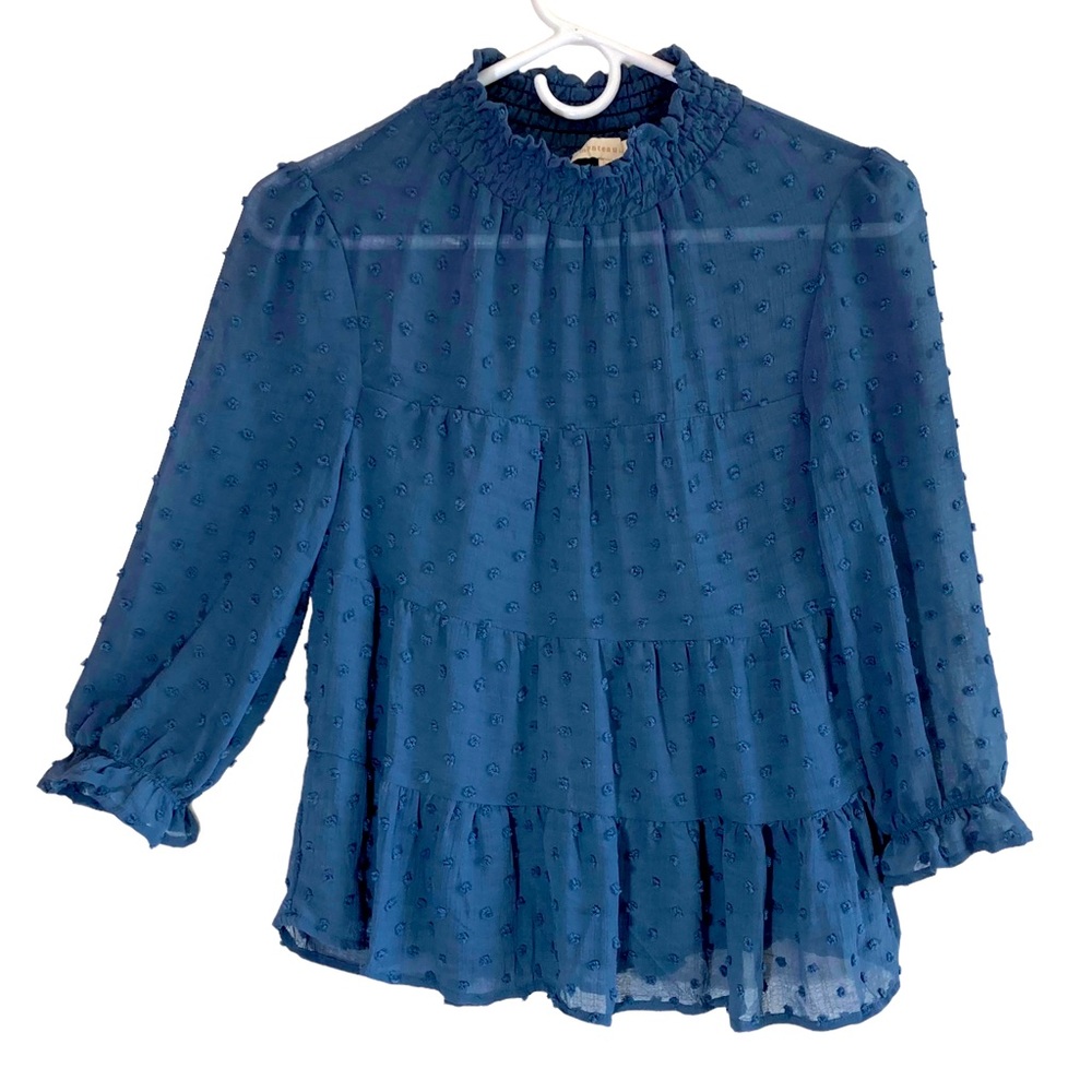 Monteau LA Womens Blouse Top S Ruffles Puff Sleeves Semi Sheer Lined Blue